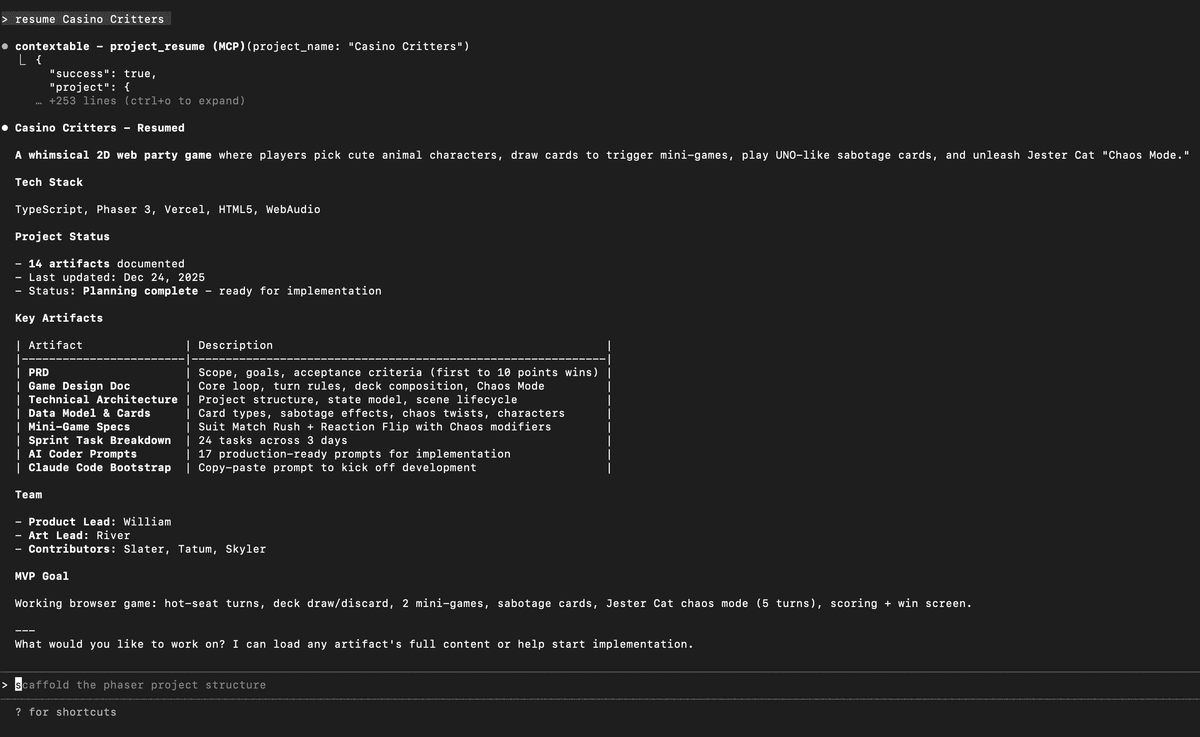 ChatGPT conversation showing project_resume tool loading context with artifacts summary