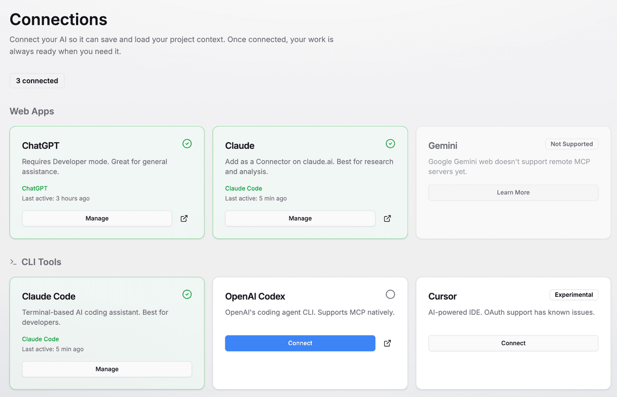 Contextable connections page showing AI platforms