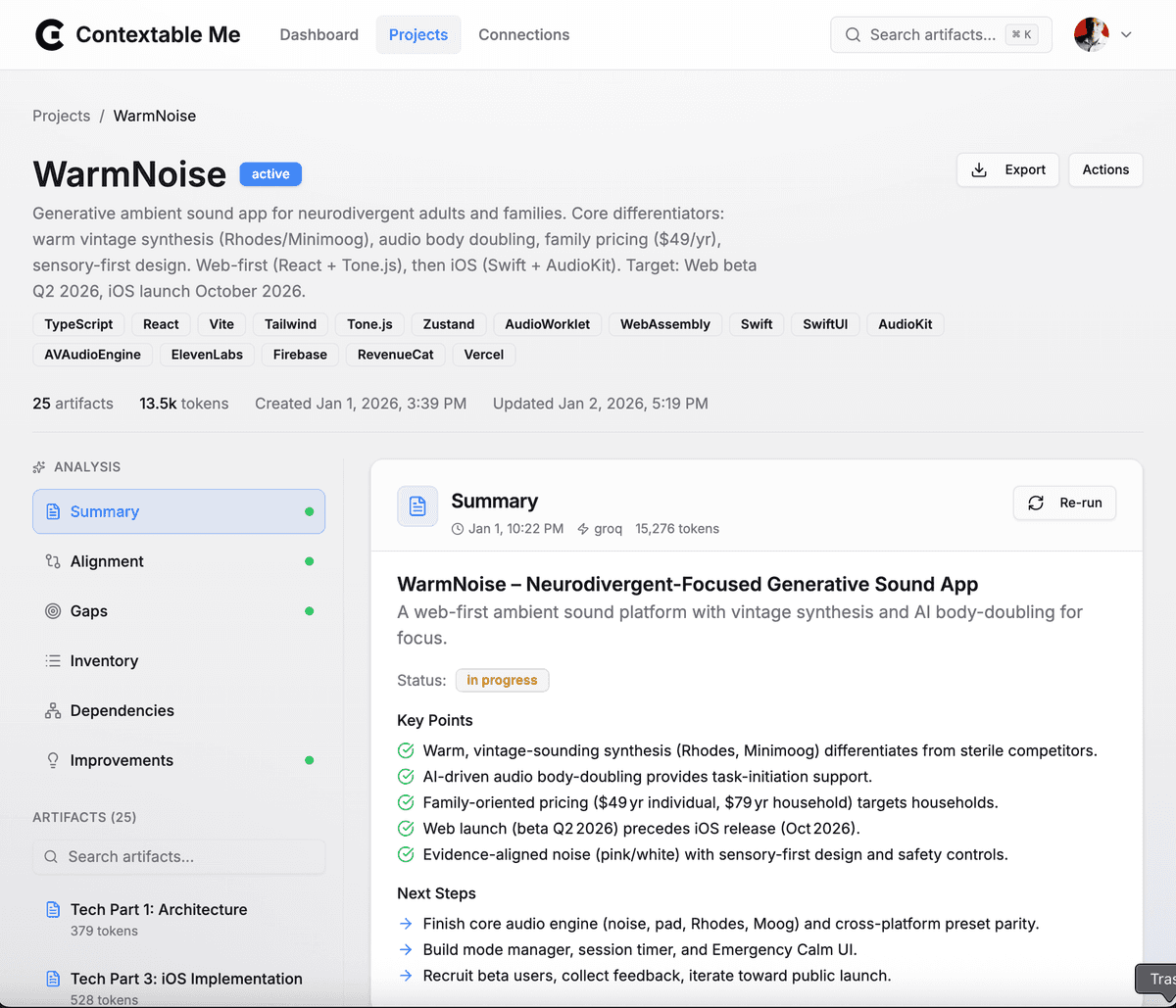 Project detail view showing artifacts list with priorities, summaries, and quick actions